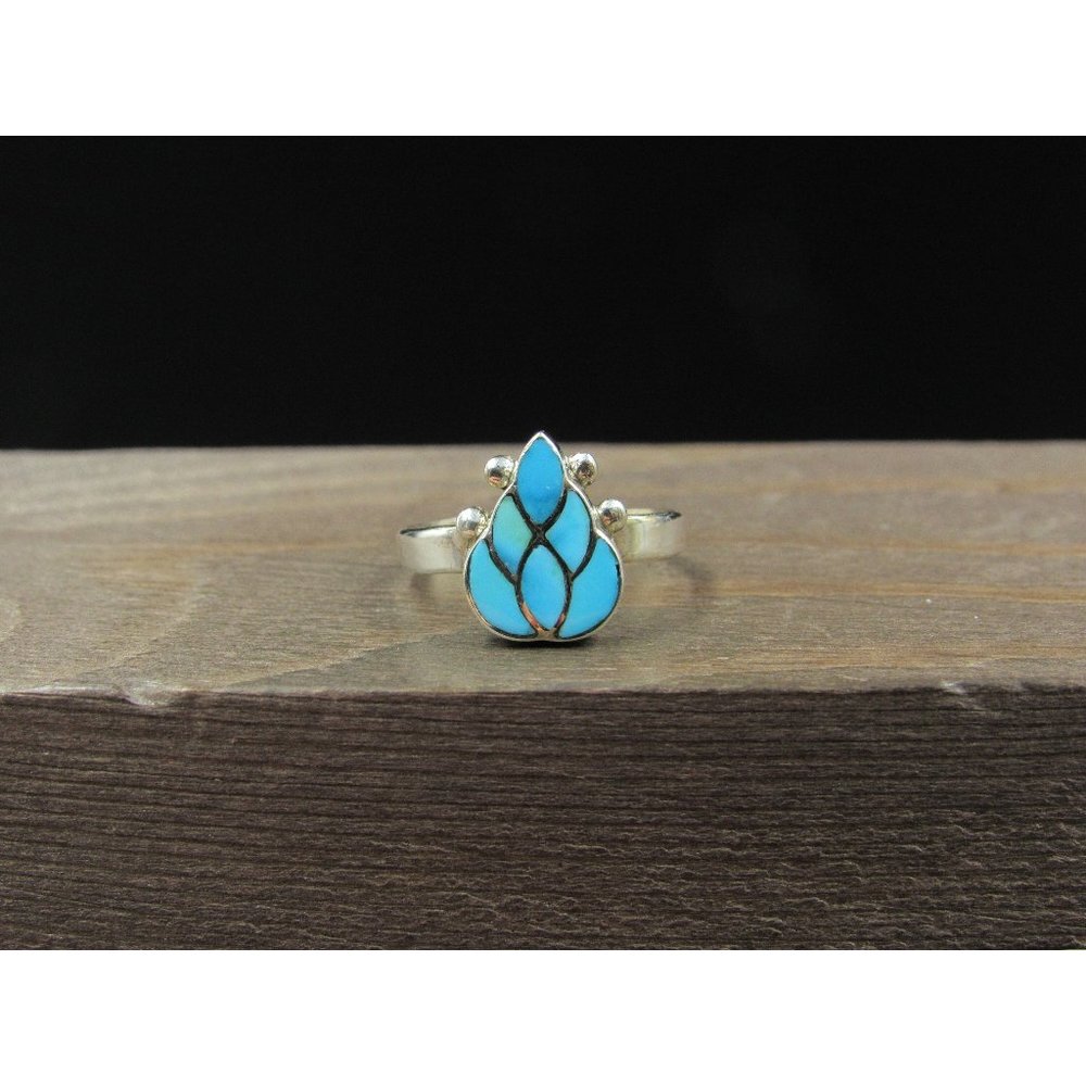 Size 5.25 Sterling Silver Blue Inlay Lotus Design Band Ring Vintage Wedding